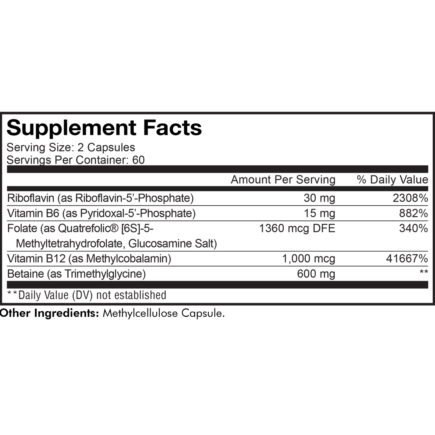 Codeage Methylfolate B Complex+ vitamin folate riboflavin vitamin B6 Vitamin B12, betaine 5-mthf supplement facts