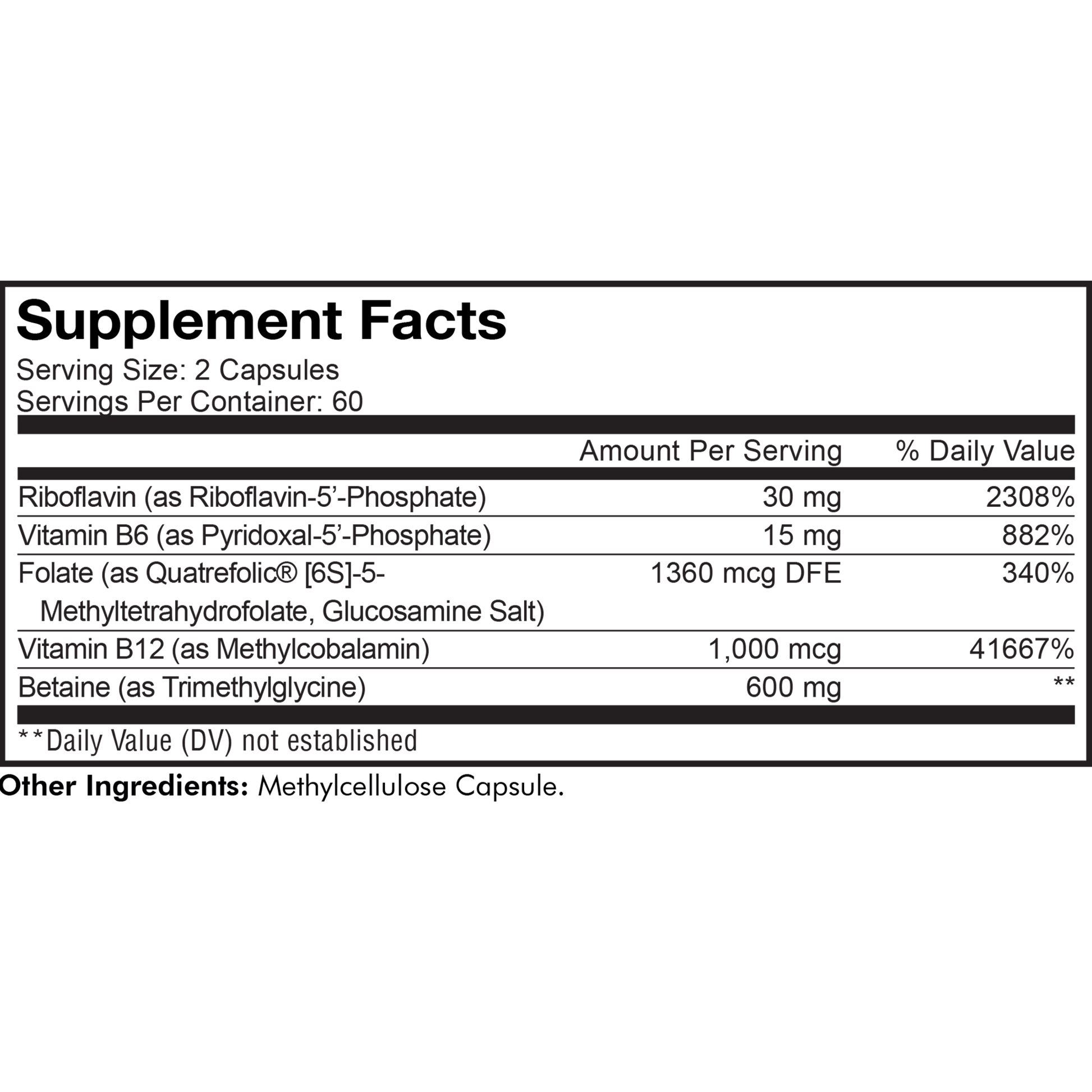 Codeage Methylfolate B Complex+ vitamin folate riboflavin vitamin B6 Vitamin B12, betaine 5-mthf supplement facts