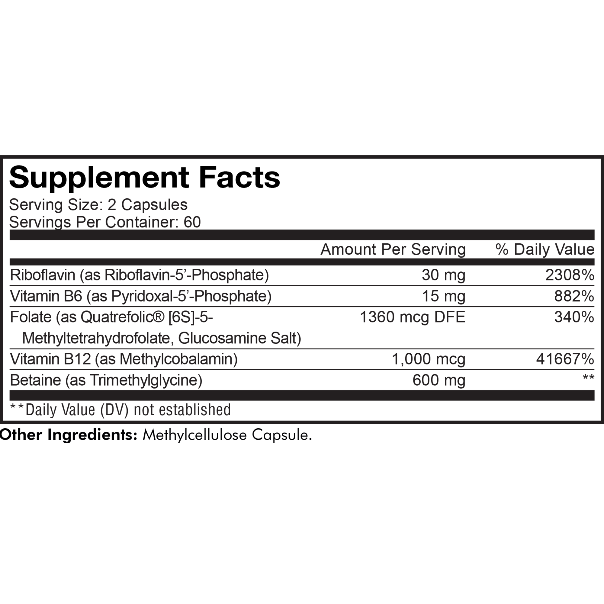 Codeage Methylfolate B Complex+ vitamin folate riboflavin vitamin B6 Vitamin B12, betaine 5-mthf supplement facts